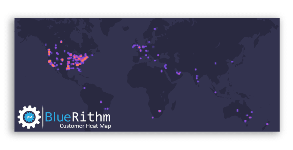 A map of the world with purple dots on it.