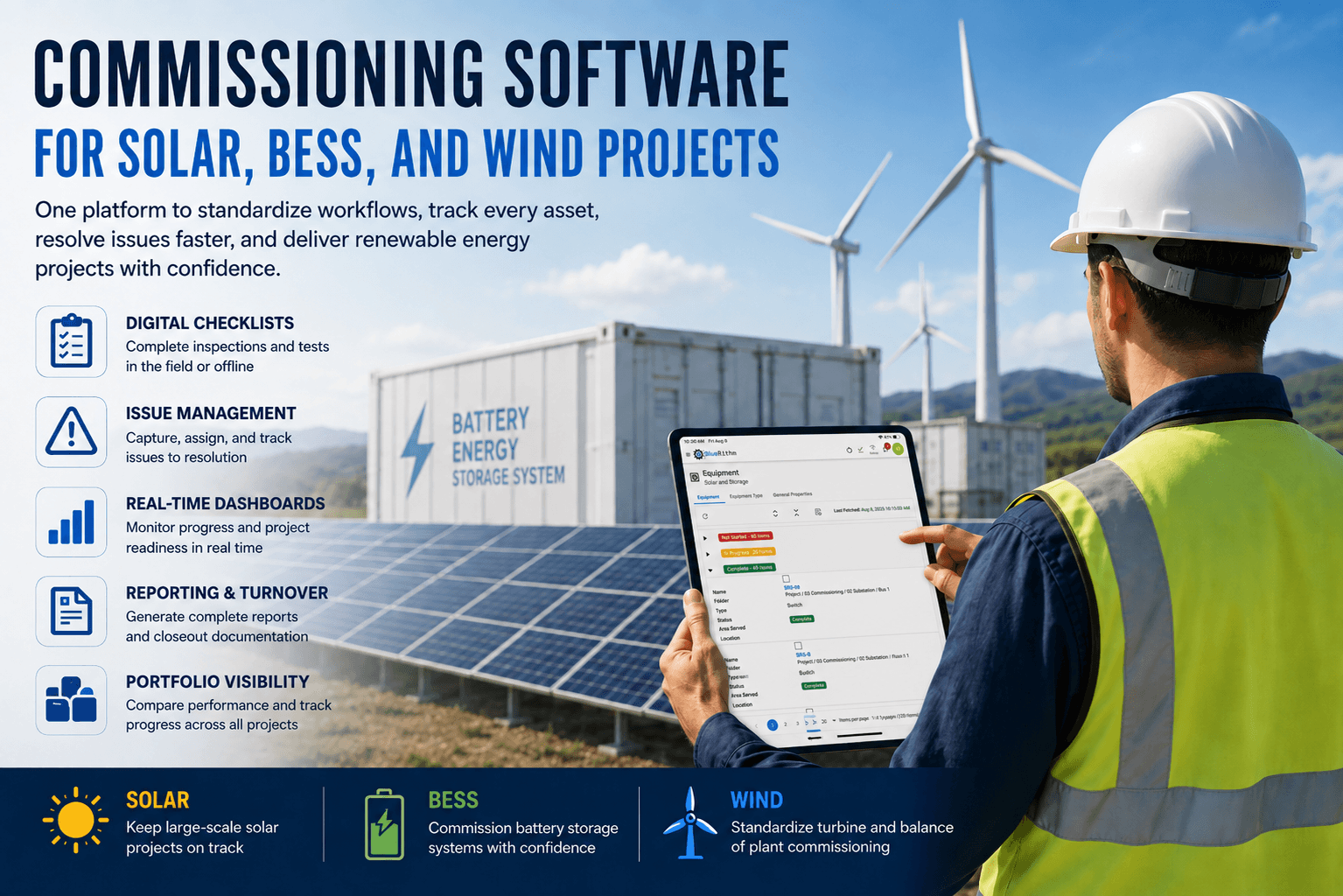 Commissioning Software for Solar, BESS, and Wind Projects