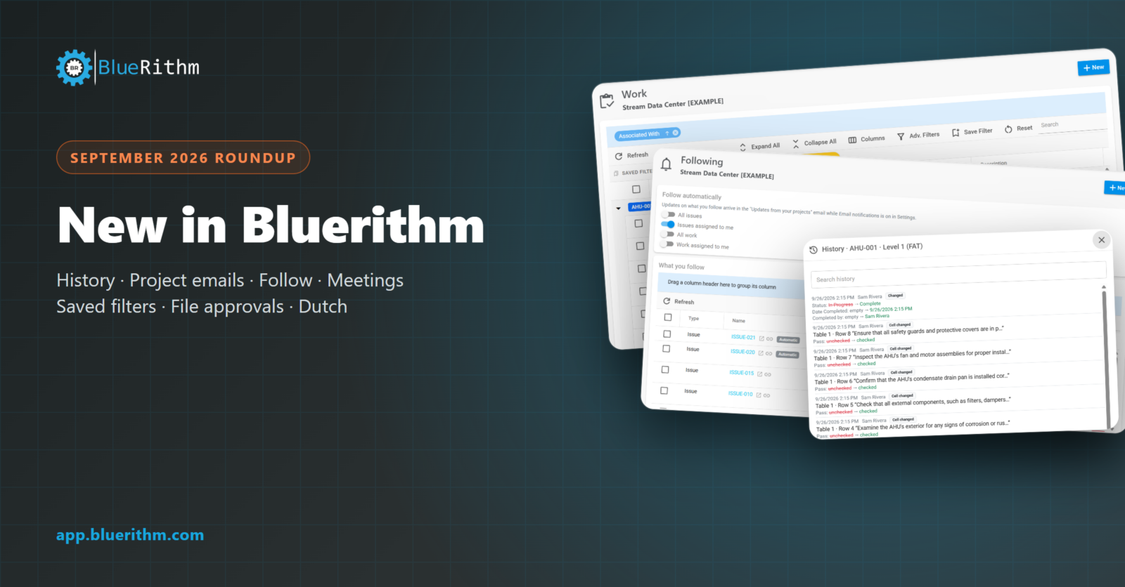 New in Bluerithm: Track History, Follow Updates, Manage Project Emails, Review Files in Bulk, Meetings, Dutch, and More