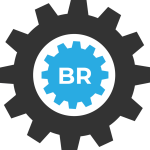 A blue and black logo with an image of a gear.